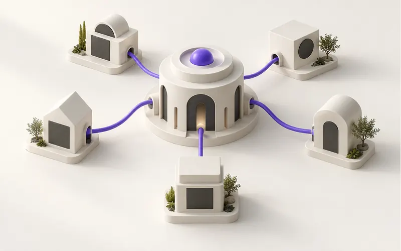 Conceptual illustration of five separate modules connected to one central CRM hub.