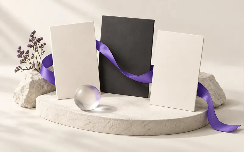 Conceptual still life of campaign boards and a glass lens representing creative testing.